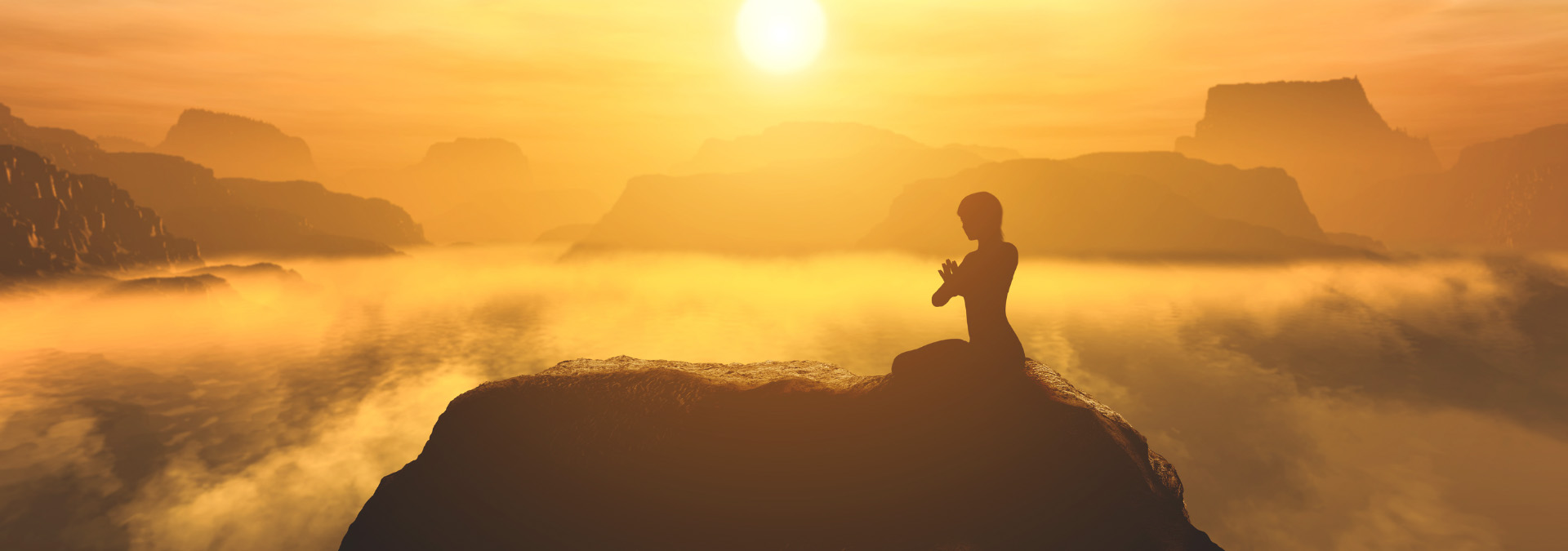 Mensch auf Berg, Sonnenlicht, Gebetsposition, Meditation